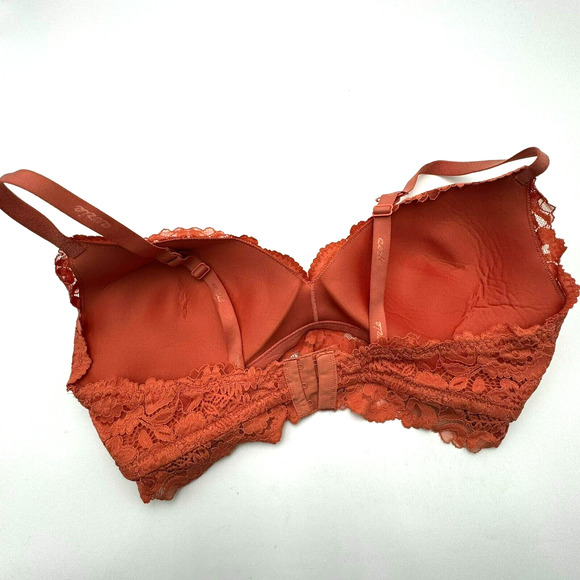 AERIE | 36 D Peach Orange Real Happy Wireless Plunge Floral Lined Lace Bra - Picture 2 of 7
